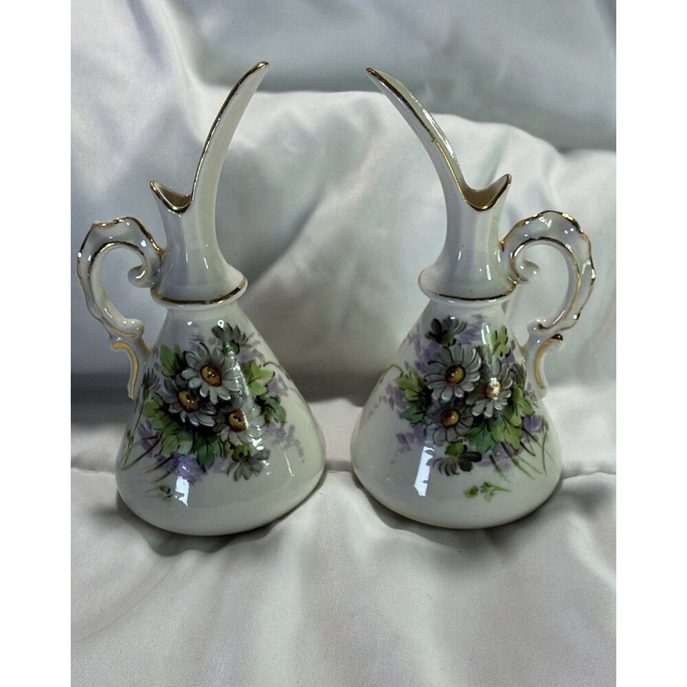 Vintage Pair Weisley China Hand Painted Ewer Vases Daisies Gold Trim Japan 6"